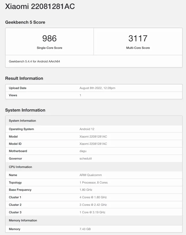 Geekbench Xiaomi Pad 5