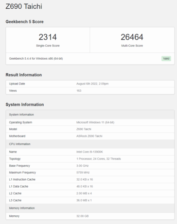 Intel Core i9-13900K on Geekbench 5