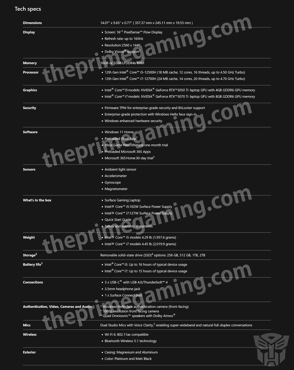 Cấu hình Surface Gaming Laptop
