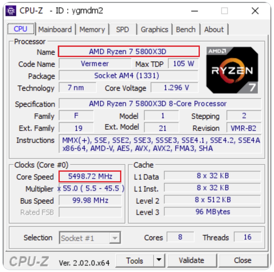 Ryzen 7 5800X3D đạt được mức xung lên đến 5.5Ghz