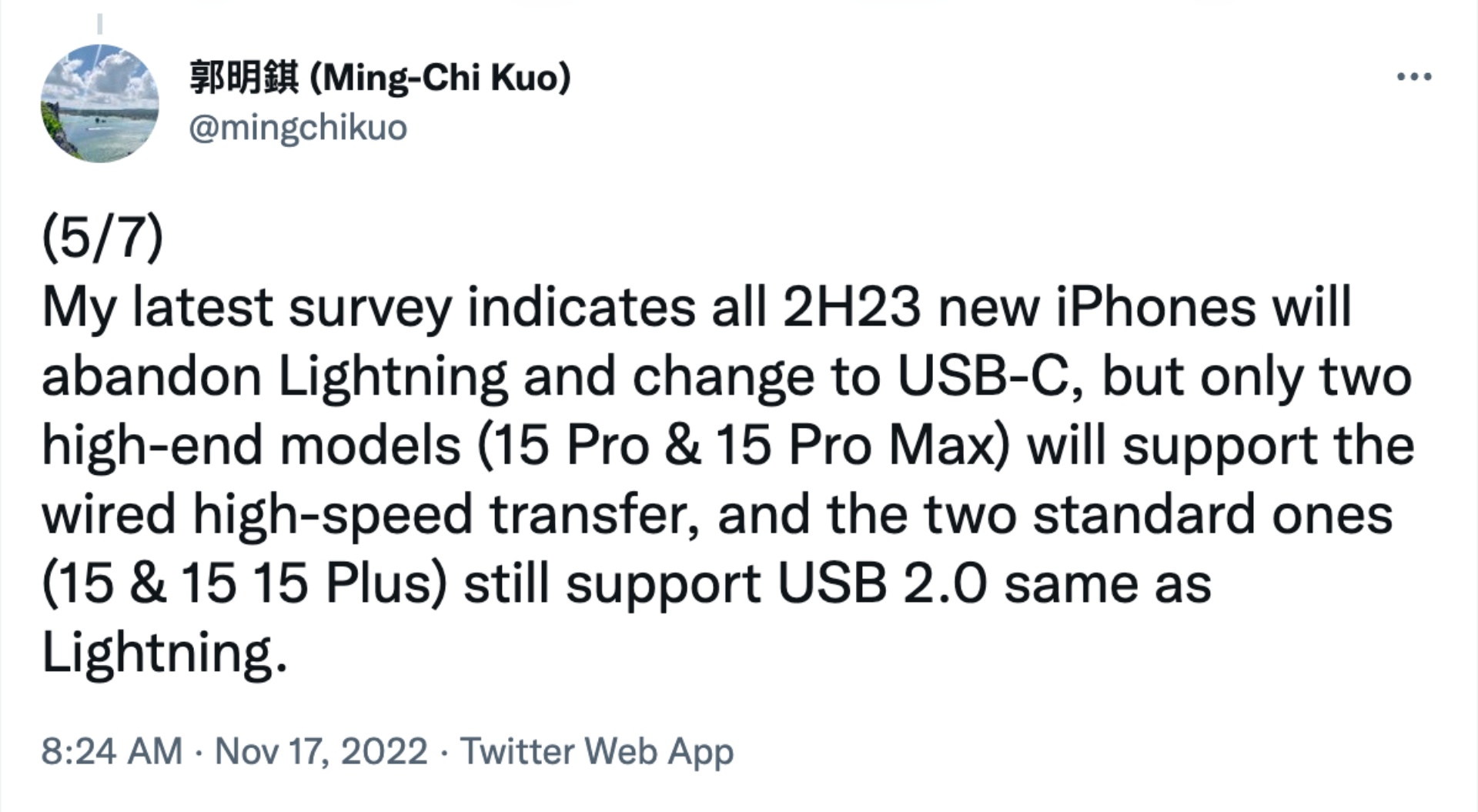 Bài đăng của nhà phân tích thị trường Ming-Chi Kuo về công nghệ truyền dẫn trên iPhone 15 Series