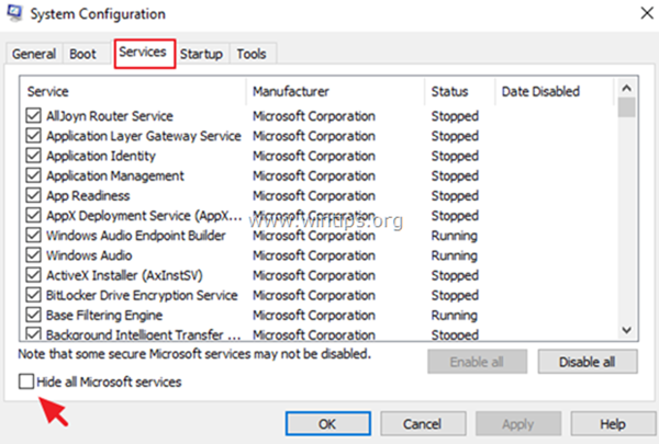 Tab Services trên System Configuration