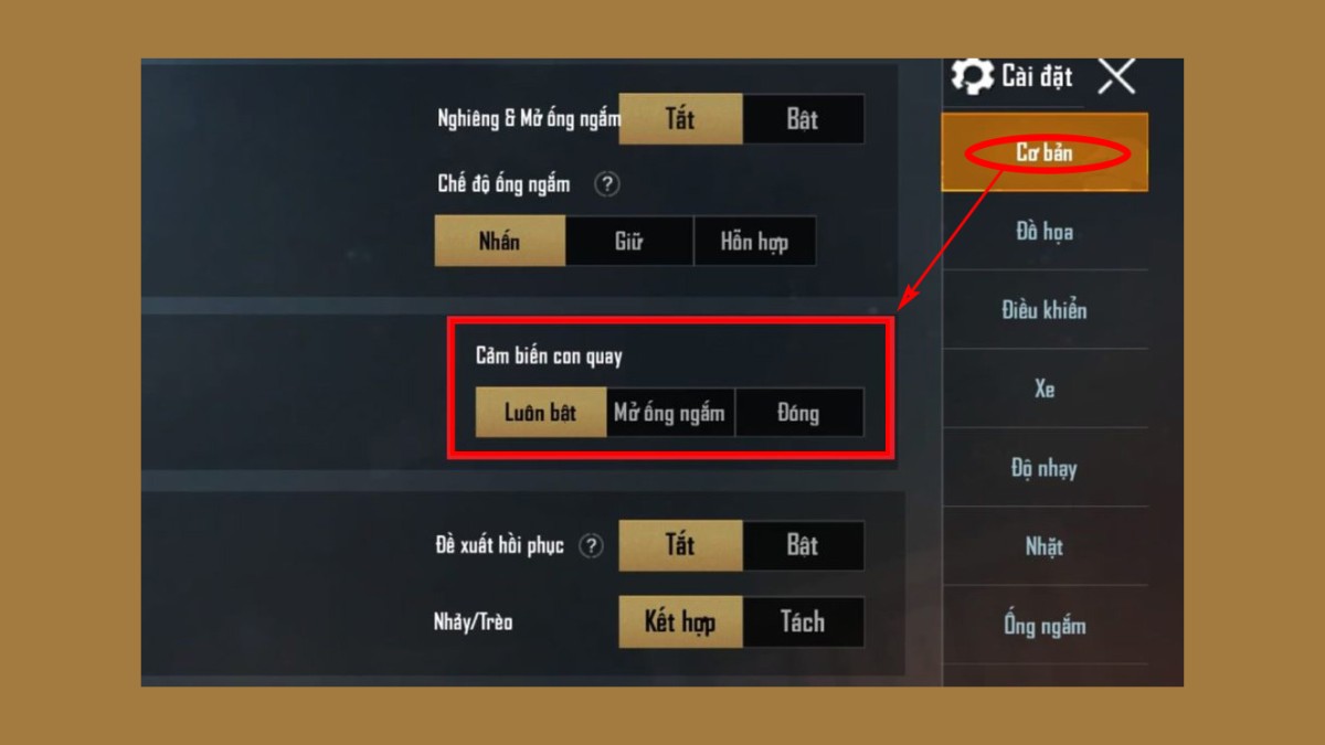 Cài đặt cảm biến con quay hồi chuyền trên PUGB Mobile