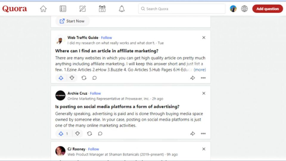 Giao diện trên Quora