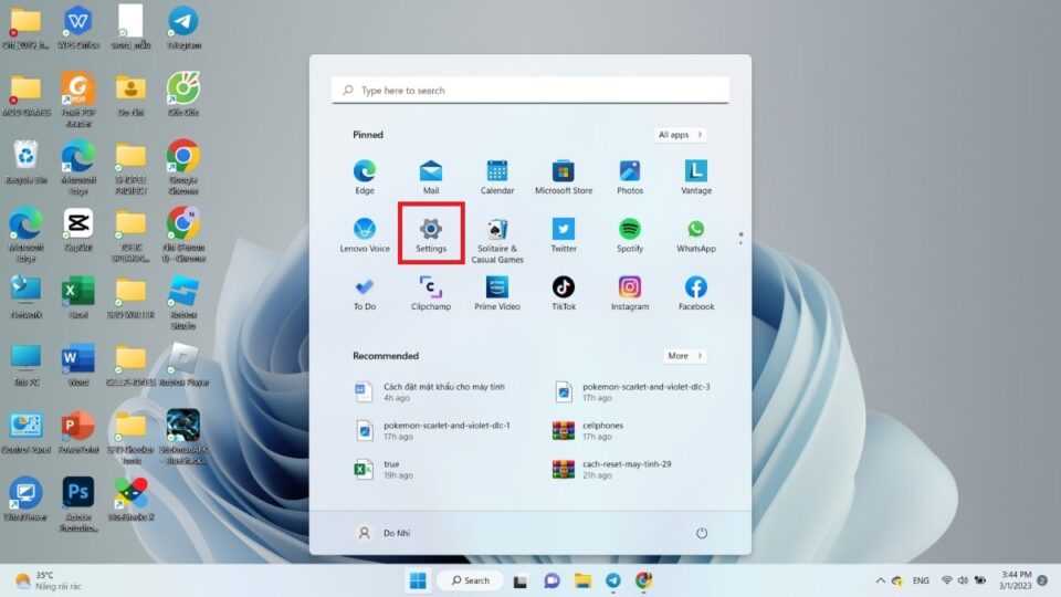 Mở Settings trên máy tính laptop Win 11