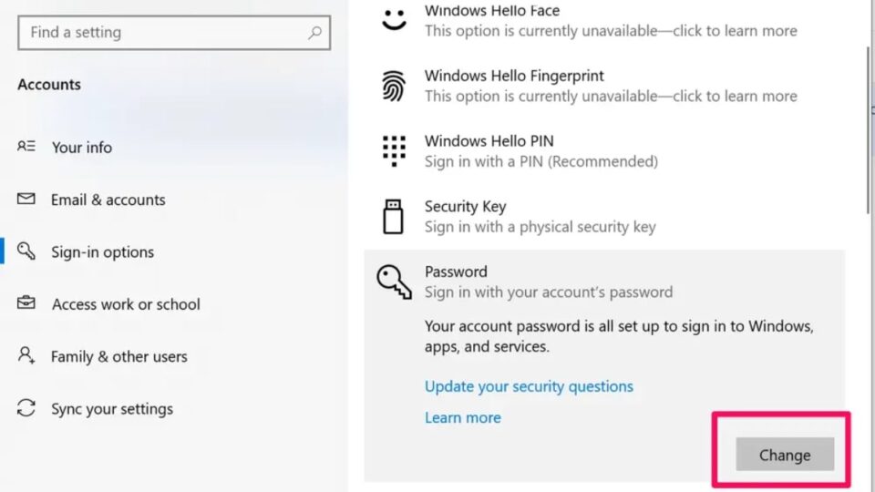 Nhấp vào “change” ở mục “sign in options”