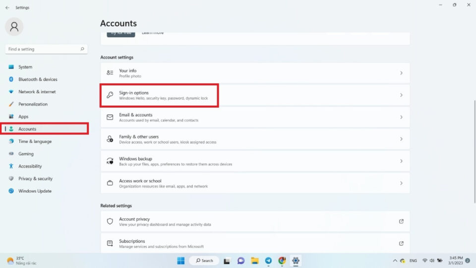 Truy cập vào vào “sign-in options” ở mục Accounts