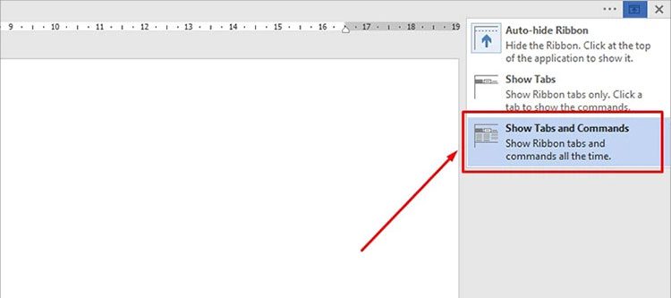 Chọn Show Tabs and Commands để hiển thị thanh công cụ trong Word