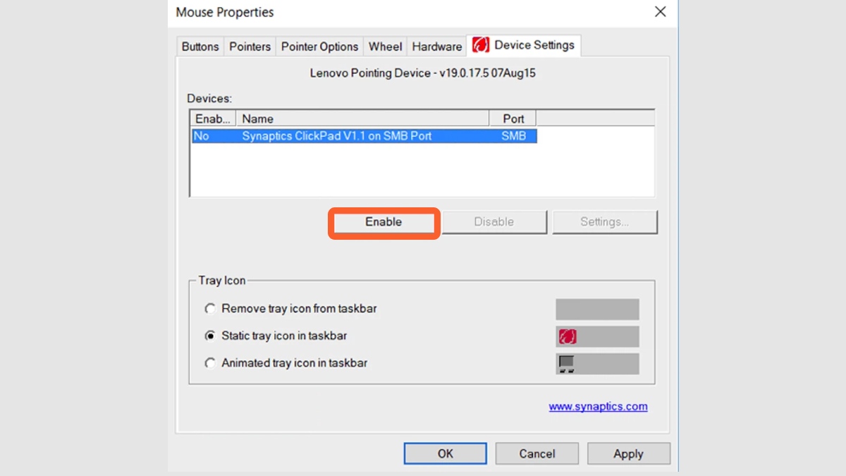 Kích hoạt Touchpad trong Mouse Properties