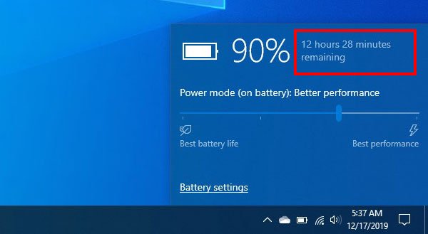 Kiểm tra thời gian sạc dự kiến trên Taskbar