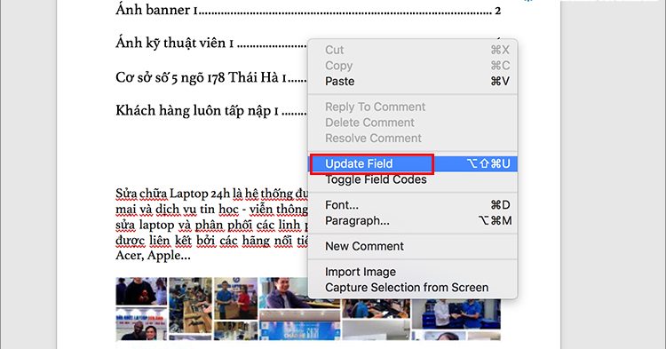 Nhấp chuột phải vào danh mục và chọn Field