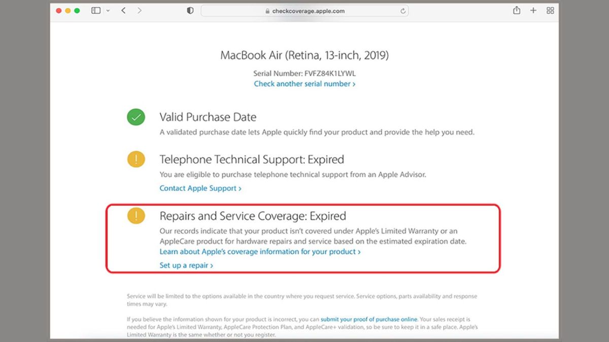 Thông tin bảo hành của máy MacBook