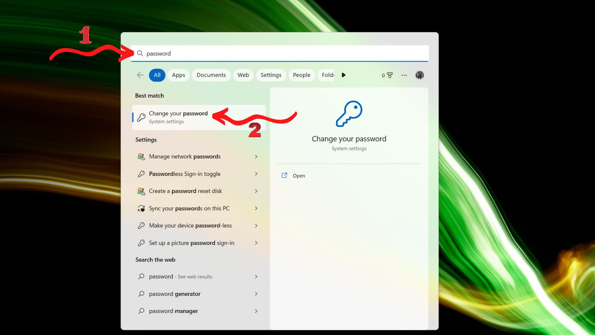 Tìm password ở thanh tìm kiếm. sau đó truy cập Change your Password