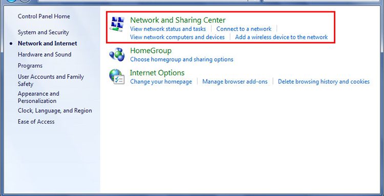 Chọn Network and Sharing Center