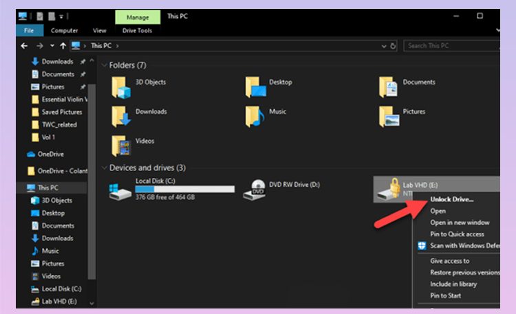 Chọn Unlock Drive để mở khóa ổ cứng bị khóa bởi Bitlocker
