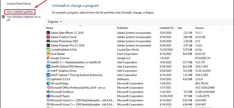 Chọn View installed updates để mở danh sách đã cập nhật