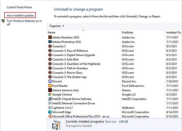 Chọn View installed updates để xem các bản cập nhập gần đây