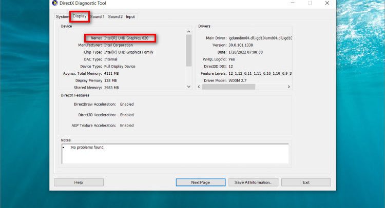 Chọn tab Display để xem thông số card màn hình