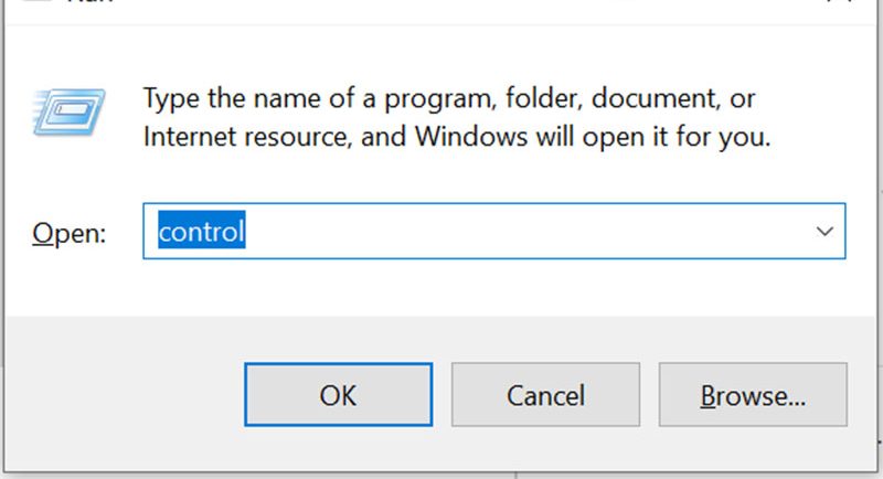 Mở hộp thoại Run nhập vào lệnh control