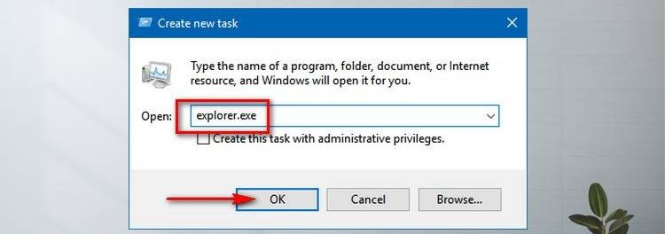 Nhập Explorer.exe sau đó Enter