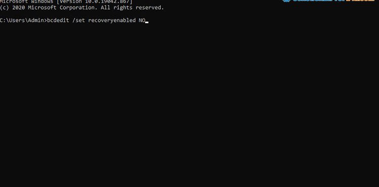 bcdedit /set recoveryenabled NO