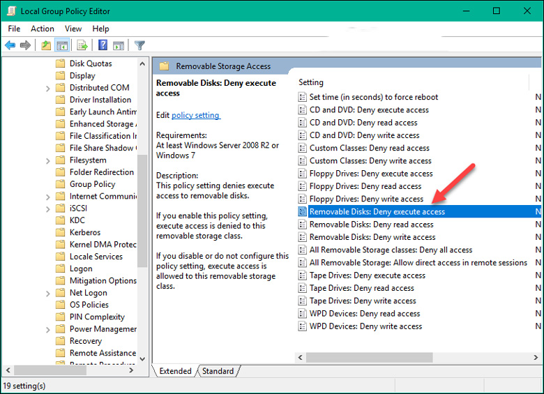 Click đúp vào Removable Disks Deny execute access