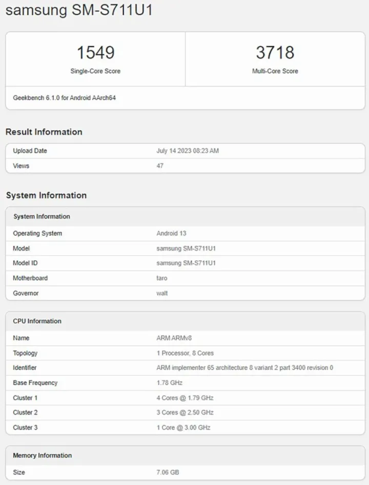 Geekbench của Samsung Galaxy S23 FE