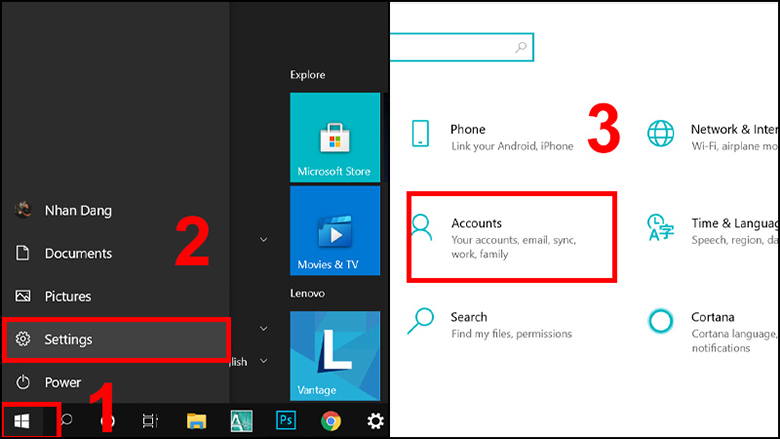 Settings - Chọn mục Accounts.