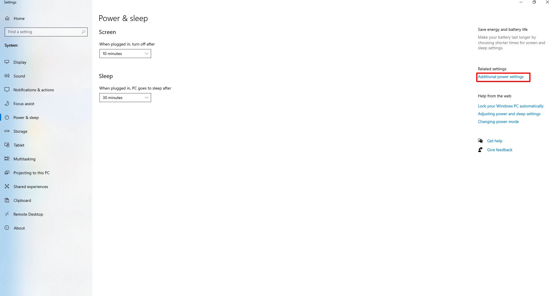 Chọn “Addition powers setting”