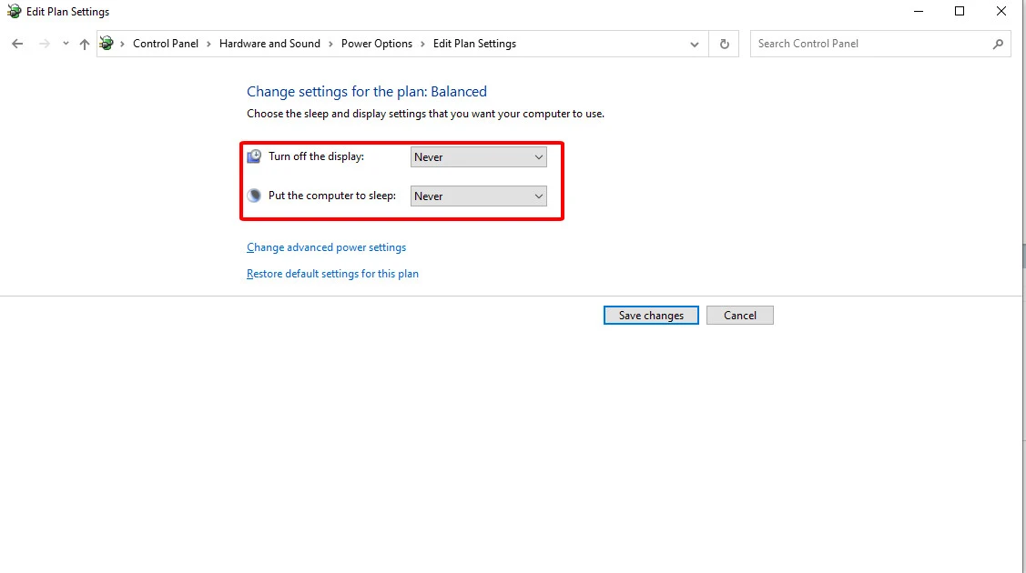 Tại cửa sổ “Change settings for the plan”