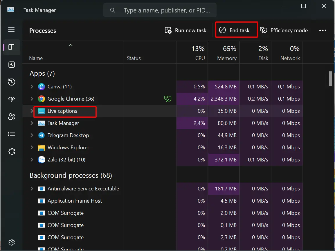 Tắt Live Captions từ Task Manager
