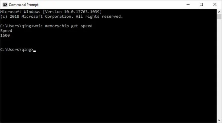 Gõ lệnh wmic memorychip get speed