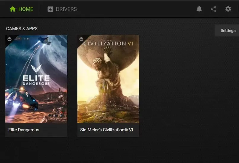 Nút Settings trong GeForce Experience.