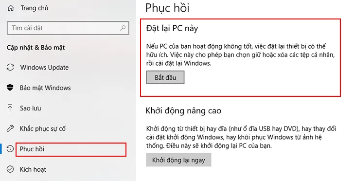 Khôi phục cài đặt gốc cho Windows