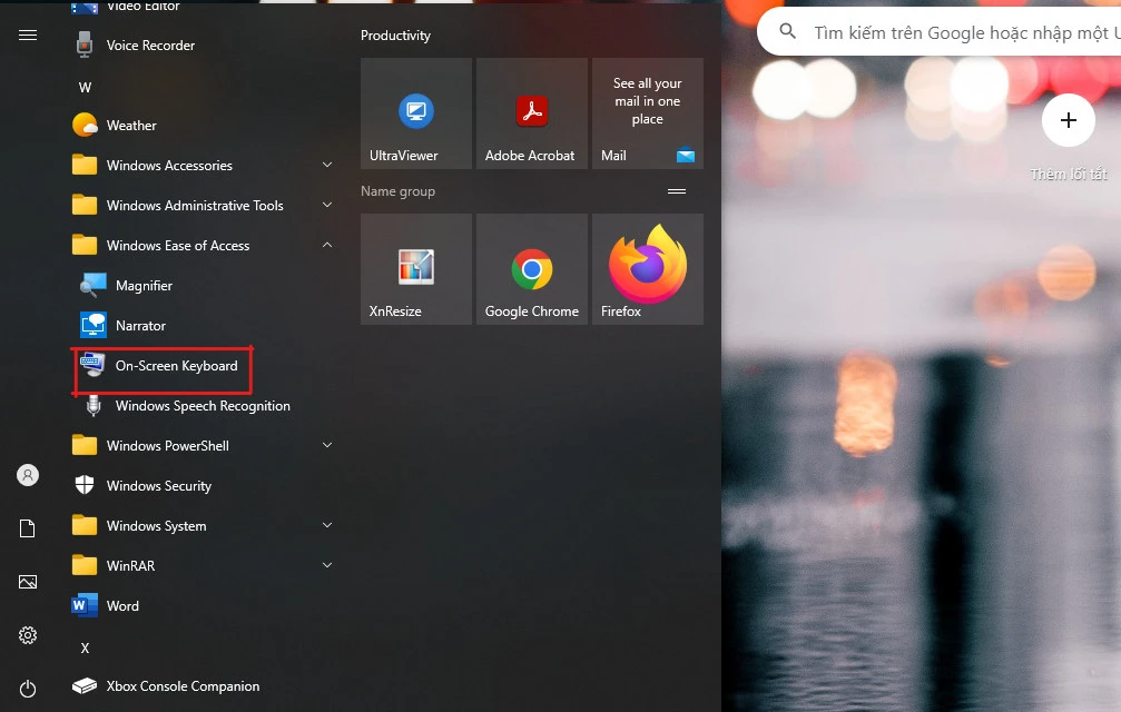 Mở bàn phím ảo qua Start Menu