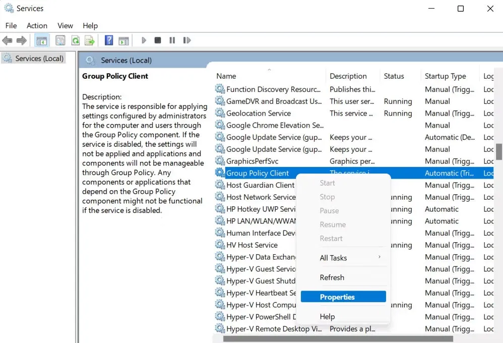 Khởi động lại dịch vụ Group Policy Client