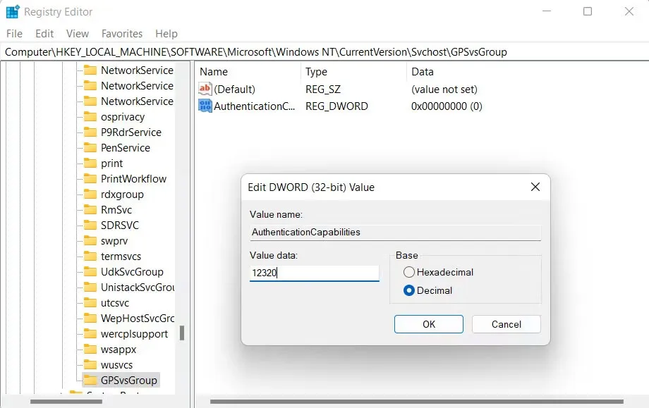 Sửa đổi registry GPSVC