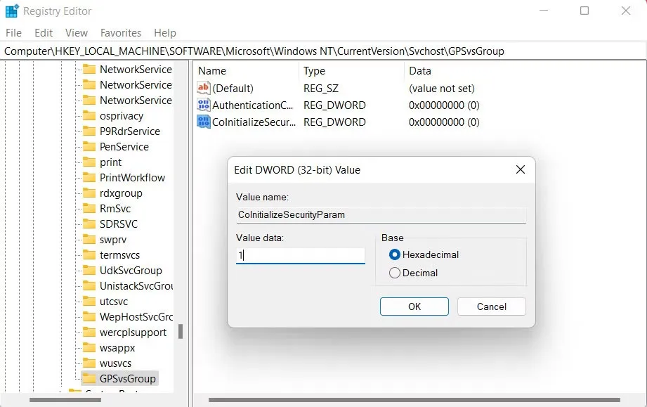Sửa đổi registry GPSVC