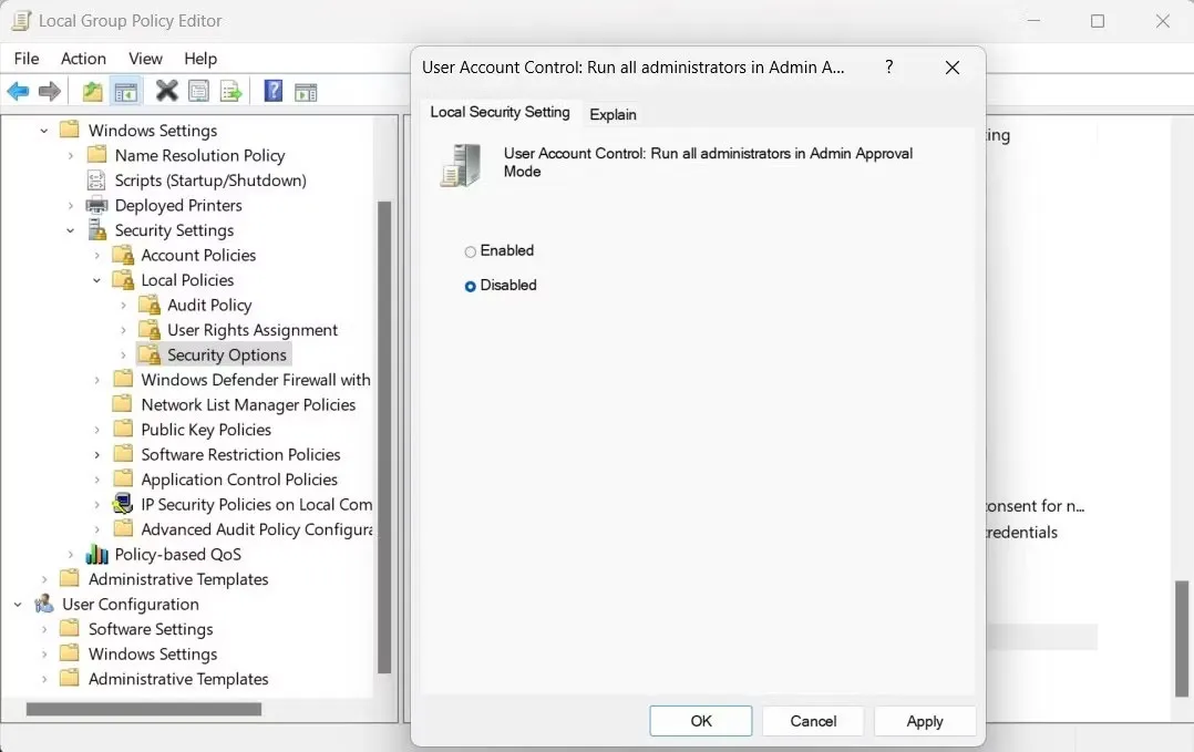 Vô hiệu hóa User Account Control trong group policy