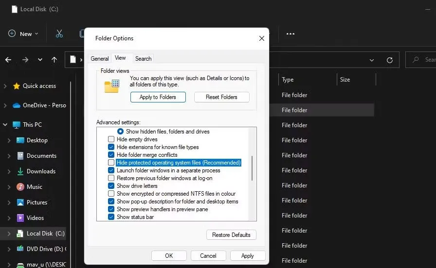 Hộp kiểm Hide protected operating system files
