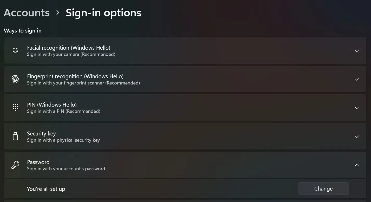 Tùy chọn Password trong Sign-In Options trên Windows 11