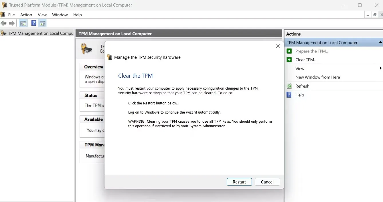 Nút Restart trong bảng điều khiển TPM