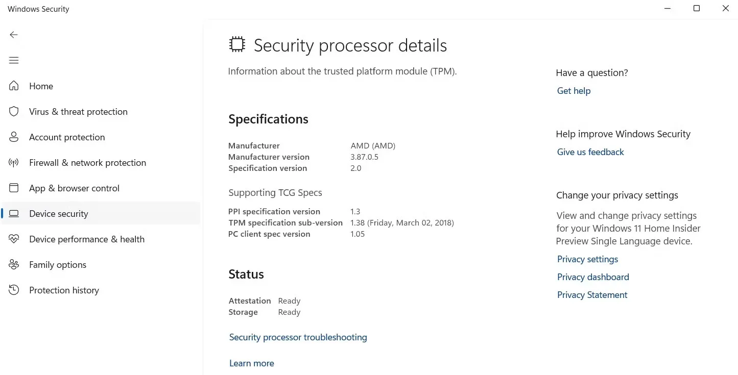 Nhấp vào Security processor troubleshooting