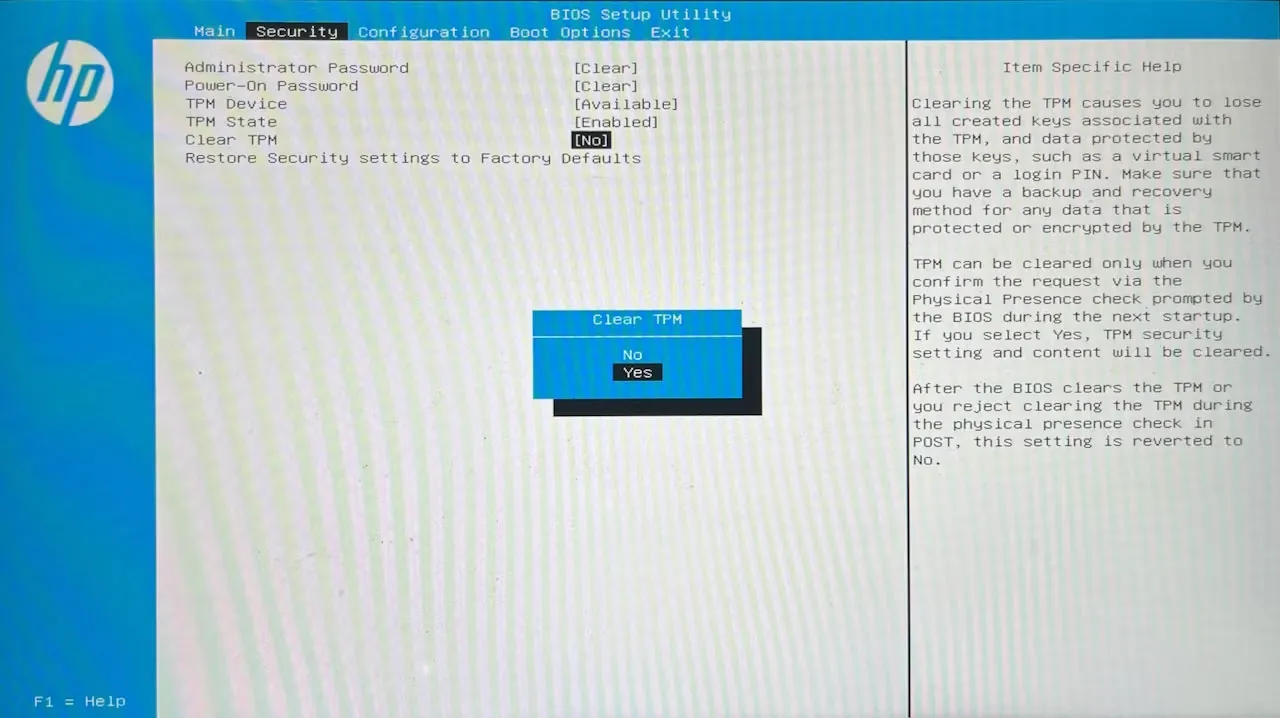 Tùy chọn Yes trong menu BIOS