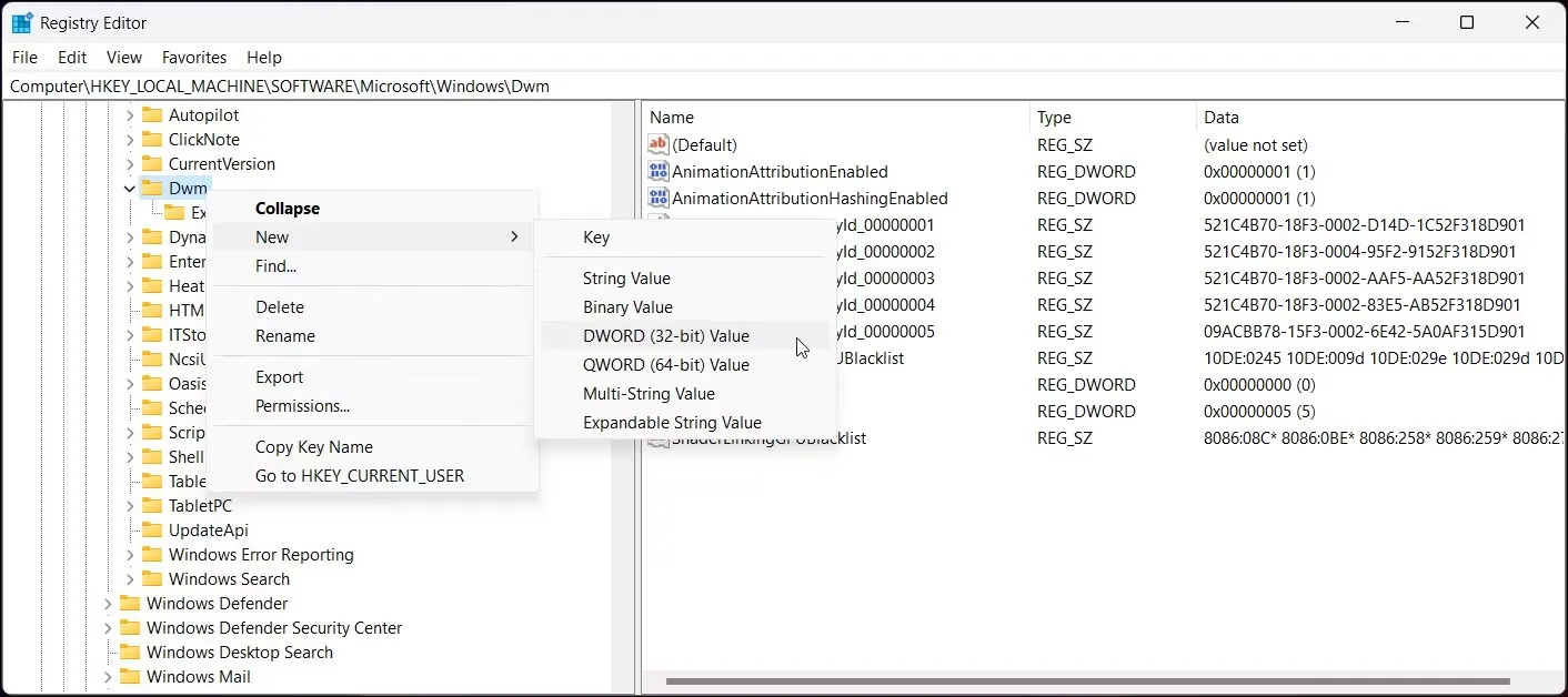 Nhấp chuột phải vào key Dwm