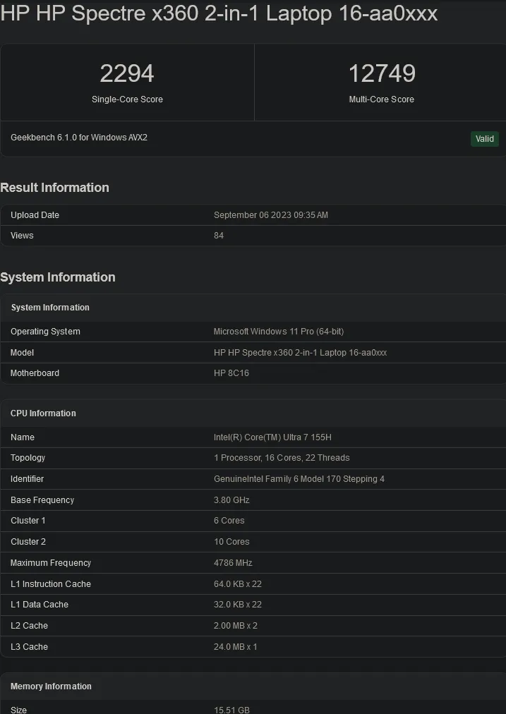Ultra 7 155H (Nguồn hình ảnh: Geekbench)