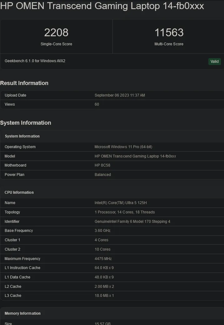 Ultra 5 125H (Nguồn hình ảnh: Geekbench)