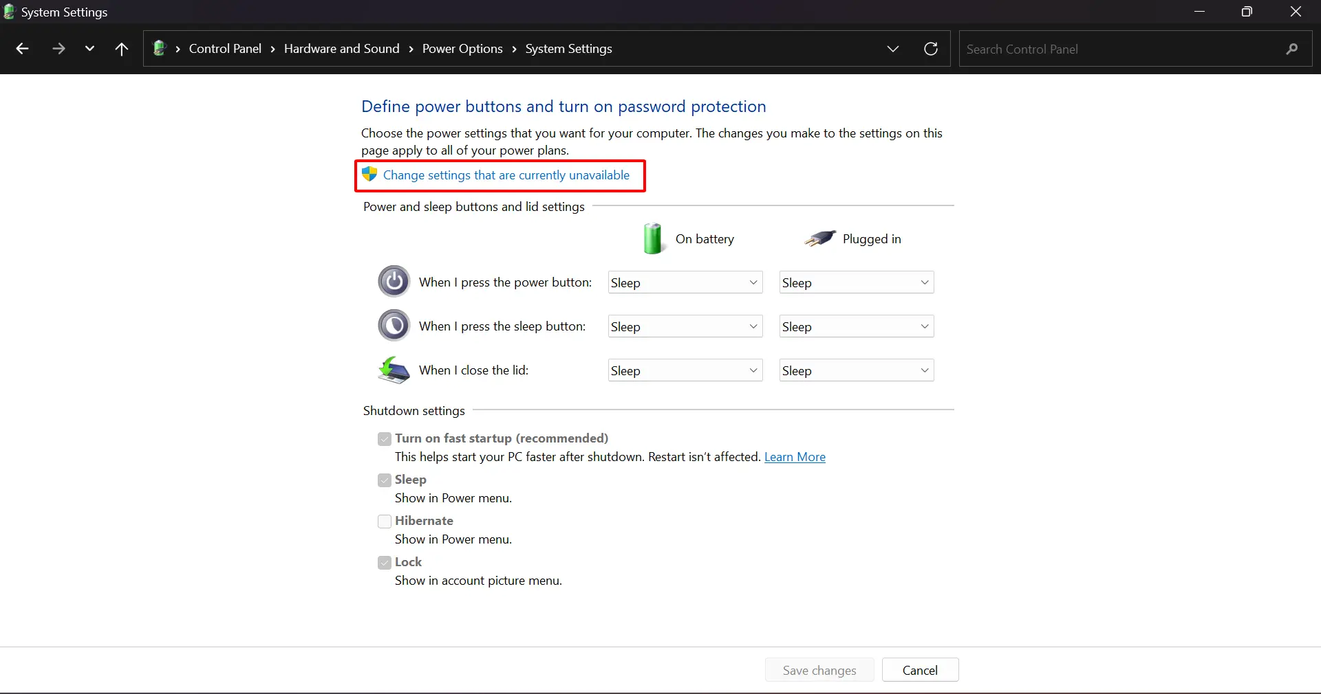 Bấm vào "Change settings that are currently unavailable"