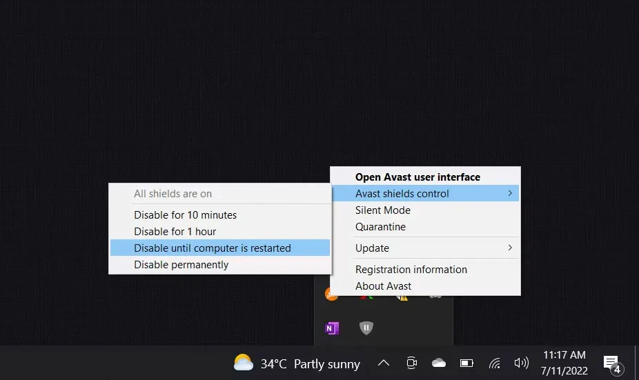Tắt tạm thời phần mềm diệt virus Avast