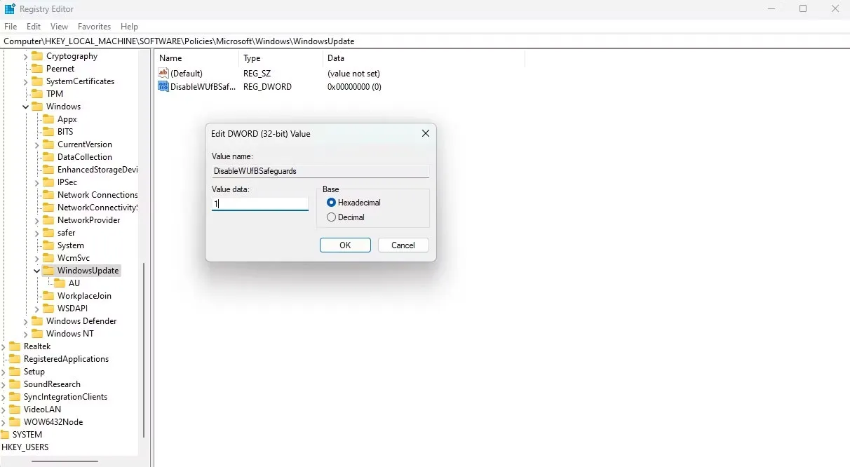 Trường dữ liệu giá trị trong Registry Editor